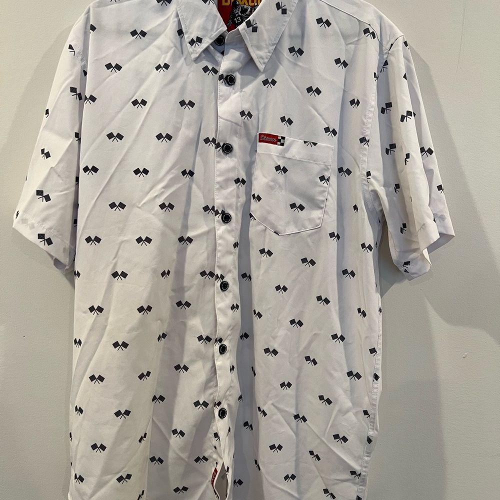 DIXXON White Short Sleeve Button-Up Shirt with Black Geometric Print